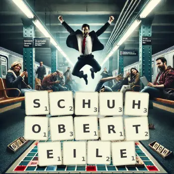 Kreative Illustration für ein Scrabble-Spiel, bei dem das Wort SCHUHOBERTEILE mit Steinen auf dem Brett gelegt wurde.