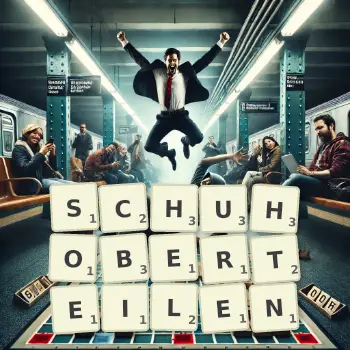Kreative Illustration für ein Scrabble-Spiel, bei dem das Wort SCHUHOBERTEILEN mit Steinen auf dem Brett gelegt wurde.