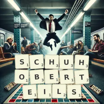 Kreative Illustration für ein Scrabble-Spiel, bei dem das Wort SCHUHOBERTEILS mit Steinen auf dem Brett gelegt wurde.