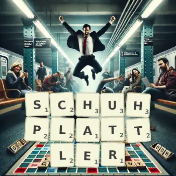 Kreative Illustration für ein Scrabble-Spiel, bei dem das Wort SCHUHPLATTLER mit Steinen auf dem Brett gelegt wurde.