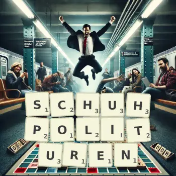 Kreative Illustration für ein Scrabble-Spiel, bei dem das Wort SCHUHPOLITUREN mit Steinen auf dem Brett gelegt wurde.