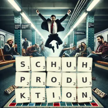 Kreative Illustration für ein Scrabble-Spiel, bei dem das Wort SCHUHPRODUKTION mit Steinen auf dem Brett gelegt wurde.