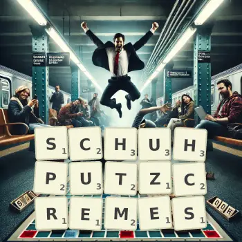 Kreative Illustration für ein Scrabble-Spiel, bei dem das Wort SCHUHPUTZCREMES mit Steinen auf dem Brett gelegt wurde.