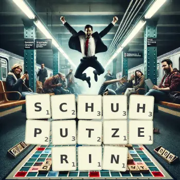 Kreative Illustration für ein Scrabble-Spiel, bei dem das Wort SCHUHPUTZERIN mit Steinen auf dem Brett gelegt wurde.
