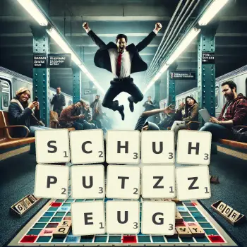 Kreative Illustration für ein Scrabble-Spiel, bei dem das Wort SCHUHPUTZZEUG mit Steinen auf dem Brett gelegt wurde.