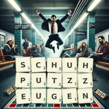 Kreative Illustration für ein Scrabble-Spiel, bei dem das Wort SCHUHPUTZZEUGEN mit Steinen auf dem Brett gelegt wurde.