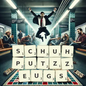 Kreative Illustration für ein Scrabble-Spiel, bei dem das Wort SCHUHPUTZZEUGS mit Steinen auf dem Brett gelegt wurde.
