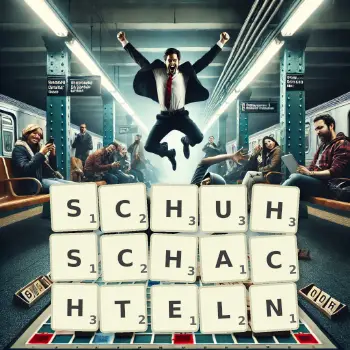 Kreative Illustration für ein Scrabble-Spiel, bei dem das Wort SCHUHSCHACHTELN mit Steinen auf dem Brett gelegt wurde.