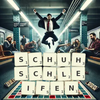 Kreative Illustration für ein Scrabble-Spiel, bei dem das Wort SCHUHSCHLEIFEN mit Steinen auf dem Brett gelegt wurde.