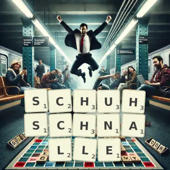 Kreative Illustration für ein Scrabble-Spiel, bei dem das Wort SCHUHSCHNALLE mit Steinen auf dem Brett gelegt wurde.