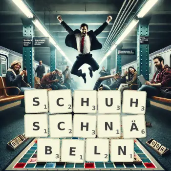 Kreative Illustration für ein Scrabble-Spiel, bei dem das Wort SCHUHSCHNÄBELN mit Steinen auf dem Brett gelegt wurde.