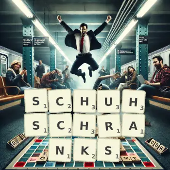Kreative Illustration für ein Scrabble-Spiel, bei dem das Wort SCHUHSCHRANKS mit Steinen auf dem Brett gelegt wurde.