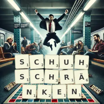 Kreative Illustration für ein Scrabble-Spiel, bei dem das Wort SCHUHSCHRÄNKEN mit Steinen auf dem Brett gelegt wurde.