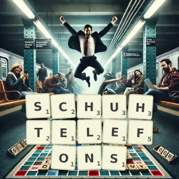 Kreative Illustration für ein Scrabble-Spiel, bei dem das Wort SCHUHTELEFONS mit Steinen auf dem Brett gelegt wurde.