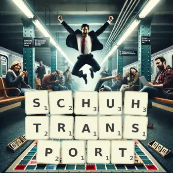 Kreative Illustration für ein Scrabble-Spiel, bei dem das Wort SCHUHTRANSPORT mit Steinen auf dem Brett gelegt wurde.