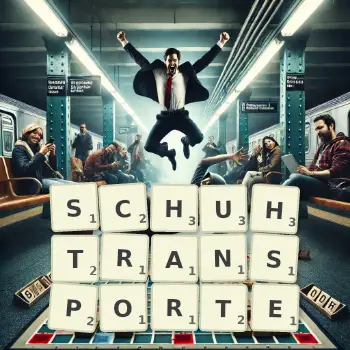 Kreative Illustration für ein Scrabble-Spiel, bei dem das Wort SCHUHTRANSPORTE mit Steinen auf dem Brett gelegt wurde.