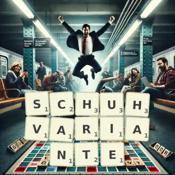Kreative Illustration für ein Scrabble-Spiel, bei dem das Wort SCHUHVARIANTE mit Steinen auf dem Brett gelegt wurde.