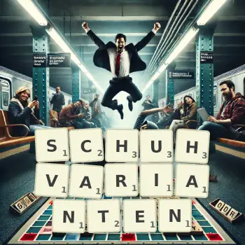 Kreative Illustration für ein Scrabble-Spiel, bei dem das Wort SCHUHVARIANTEN mit Steinen auf dem Brett gelegt wurde.
