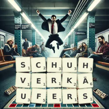Kreative Illustration für ein Scrabble-Spiel, bei dem das Wort SCHUHVERKÄUFERS mit Steinen auf dem Brett gelegt wurde.