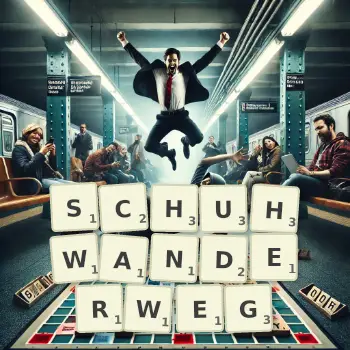 Kreative Illustration für ein Scrabble-Spiel, bei dem das Wort SCHUHWANDERWEG mit Steinen auf dem Brett gelegt wurde.