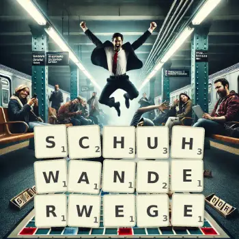 Kreative Illustration für ein Scrabble-Spiel, bei dem das Wort SCHUHWANDERWEGE mit Steinen auf dem Brett gelegt wurde.