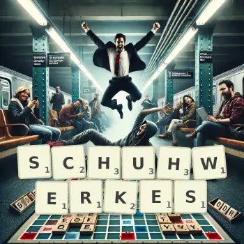 Kreative Illustration für ein Scrabble-Spiel, bei dem das Wort SCHUHWERKES mit Steinen auf dem Brett gelegt wurde.