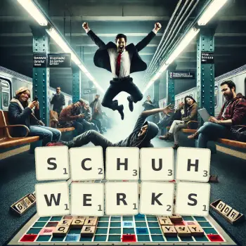 Kreative Illustration für ein Scrabble-Spiel, bei dem das Wort SCHUHWERKS mit Steinen auf dem Brett gelegt wurde.