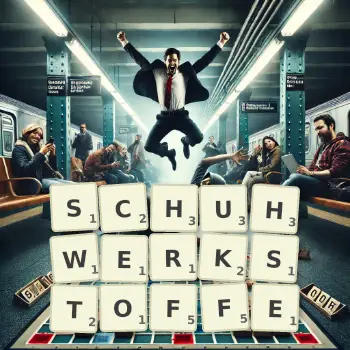 Kreative Illustration für ein Scrabble-Spiel, bei dem das Wort SCHUHWERKSTOFFE mit Steinen auf dem Brett gelegt wurde.