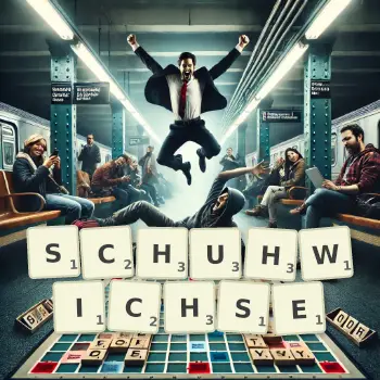 Kreative Illustration für ein Scrabble-Spiel, bei dem das Wort SCHUHWICHSE mit Steinen auf dem Brett gelegt wurde.