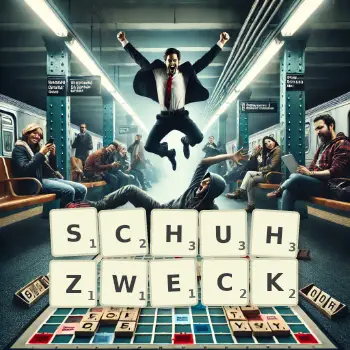 Kreative Illustration für ein Scrabble-Spiel, bei dem das Wort SCHUHZWECK mit Steinen auf dem Brett gelegt wurde.