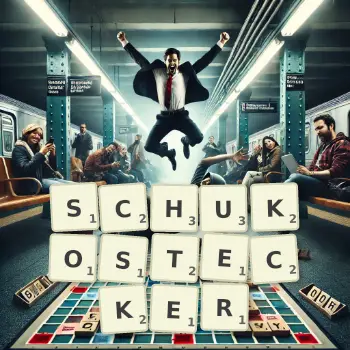 Kreative Illustration für ein Scrabble-Spiel, bei dem das Wort SCHUKOSTECKER mit Steinen auf dem Brett gelegt wurde.