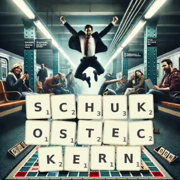 Kreative Illustration für ein Scrabble-Spiel, bei dem das Wort SCHUKOSTECKERN mit Steinen auf dem Brett gelegt wurde.