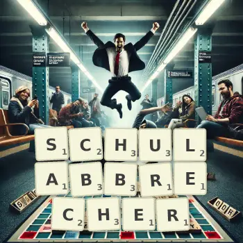 Kreative Illustration für ein Scrabble-Spiel, bei dem das Wort SCHULABBRECHER mit Steinen auf dem Brett gelegt wurde.