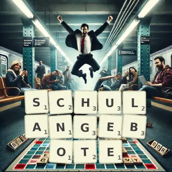 Kreative Illustration für ein Scrabble-Spiel, bei dem das Wort SCHULANGEBOTE mit Steinen auf dem Brett gelegt wurde.