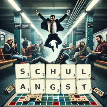 Kreative Illustration für ein Scrabble-Spiel, bei dem das Wort SCHULANGST mit Steinen auf dem Brett gelegt wurde.