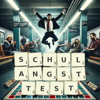Kreative Illustration für ein Scrabble-Spiel, bei dem das Wort SCHULANGSTTEST mit Steinen auf dem Brett gelegt wurde.