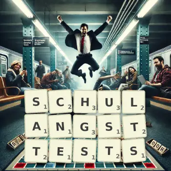 Kreative Illustration für ein Scrabble-Spiel, bei dem das Wort SCHULANGSTTESTS mit Steinen auf dem Brett gelegt wurde.