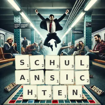 Kreative Illustration für ein Scrabble-Spiel, bei dem das Wort SCHULANSICHTEN mit Steinen auf dem Brett gelegt wurde.