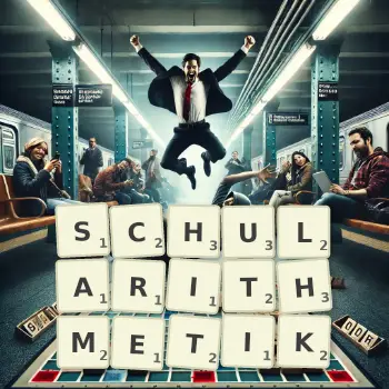 Kreative Illustration für ein Scrabble-Spiel, bei dem das Wort SCHULARITHMETIK mit Steinen auf dem Brett gelegt wurde.