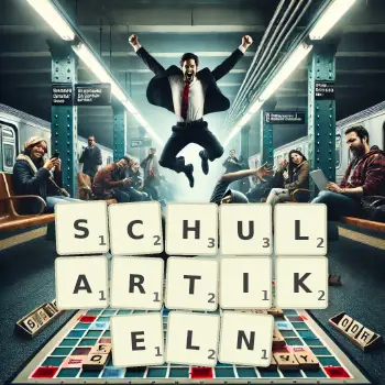 Kreative Illustration für ein Scrabble-Spiel, bei dem das Wort SCHULARTIKELN mit Steinen auf dem Brett gelegt wurde.