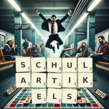 Kreative Illustration für ein Scrabble-Spiel, bei dem das Wort SCHULARTIKELS mit Steinen auf dem Brett gelegt wurde.