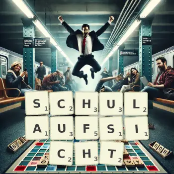 Kreative Illustration für ein Scrabble-Spiel, bei dem das Wort SCHULAUFSICHT mit Steinen auf dem Brett gelegt wurde.