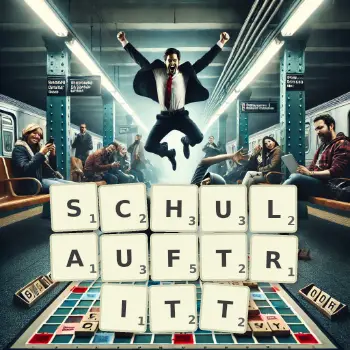 Kreative Illustration für ein Scrabble-Spiel, bei dem das Wort SCHULAUFTRITT mit Steinen auf dem Brett gelegt wurde.