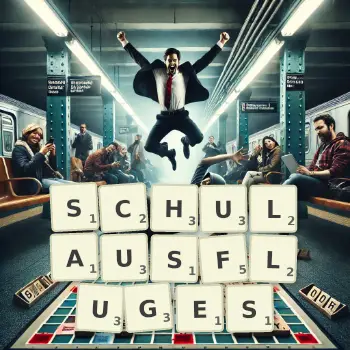 Kreative Illustration für ein Scrabble-Spiel, bei dem das Wort SCHULAUSFLUGES mit Steinen auf dem Brett gelegt wurde.