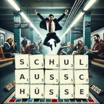 Kreative Illustration für ein Scrabble-Spiel, bei dem das Wort SCHULAUSSCHÜSSE mit Steinen auf dem Brett gelegt wurde.