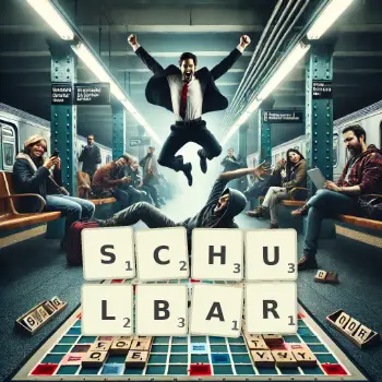 Kreative Illustration für ein Scrabble-Spiel, bei dem das Wort SCHULBAR mit Steinen auf dem Brett gelegt wurde.