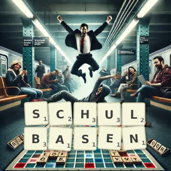 Kreative Illustration für ein Scrabble-Spiel, bei dem das Wort SCHULBASEN mit Steinen auf dem Brett gelegt wurde.