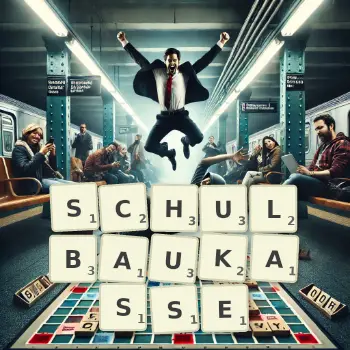 Kreative Illustration für ein Scrabble-Spiel, bei dem das Wort SCHULBAUKASSE mit Steinen auf dem Brett gelegt wurde.