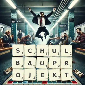 Kreative Illustration für ein Scrabble-Spiel, bei dem das Wort SCHULBAUPROJEKT mit Steinen auf dem Brett gelegt wurde.