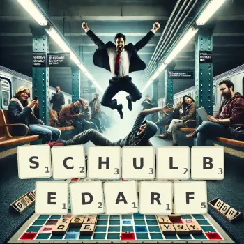 Kreative Illustration für ein Scrabble-Spiel, bei dem das Wort SCHULBEDARF mit Steinen auf dem Brett gelegt wurde.
